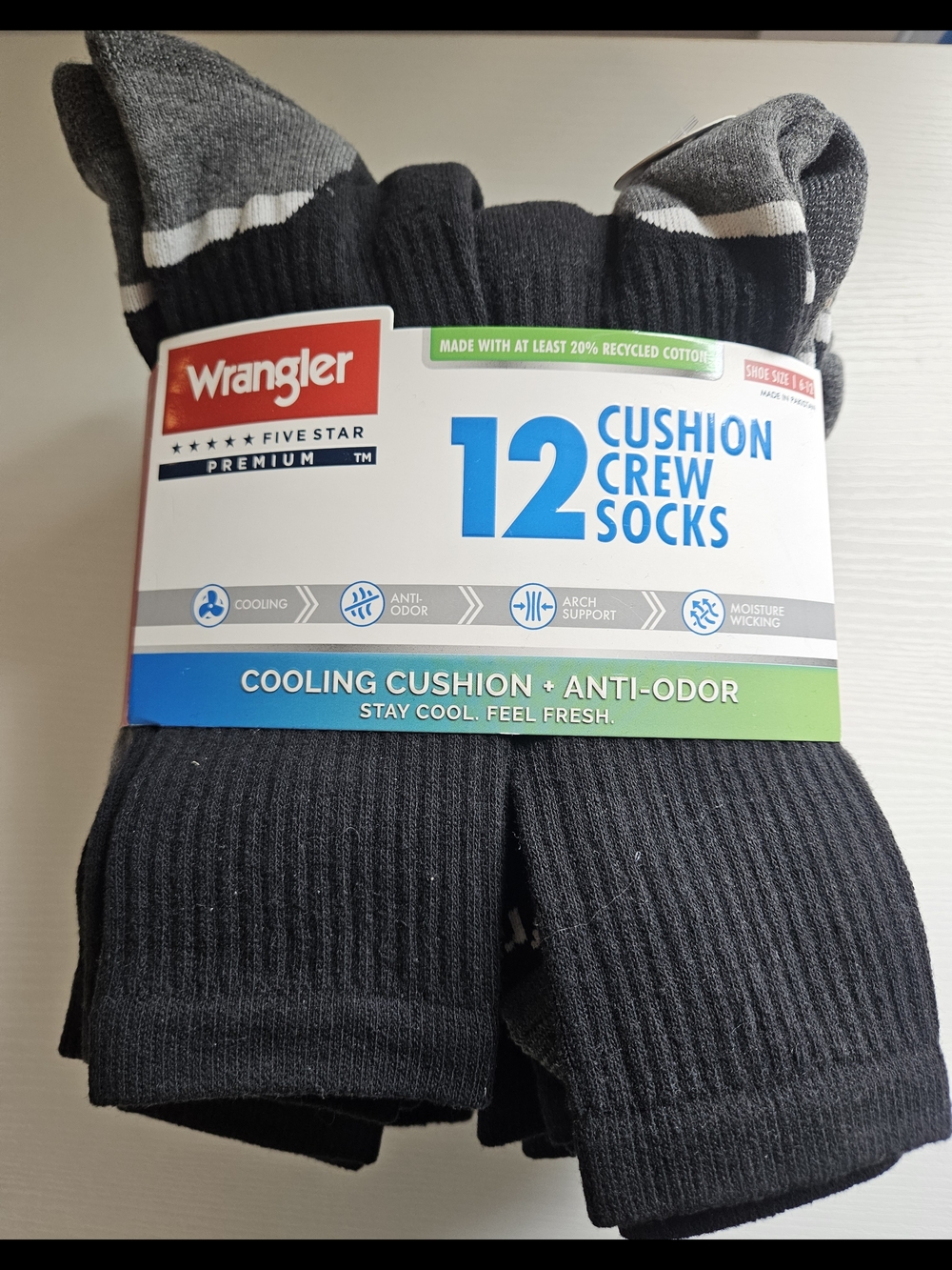 Wrangler Black and Gray Cushion Crew Athletic Socks - 12 Pack